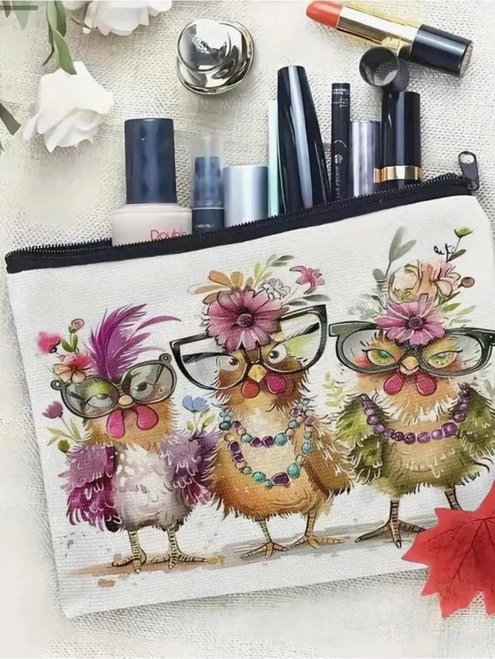 Floral Chick Cosmetic Pouch -Ivory